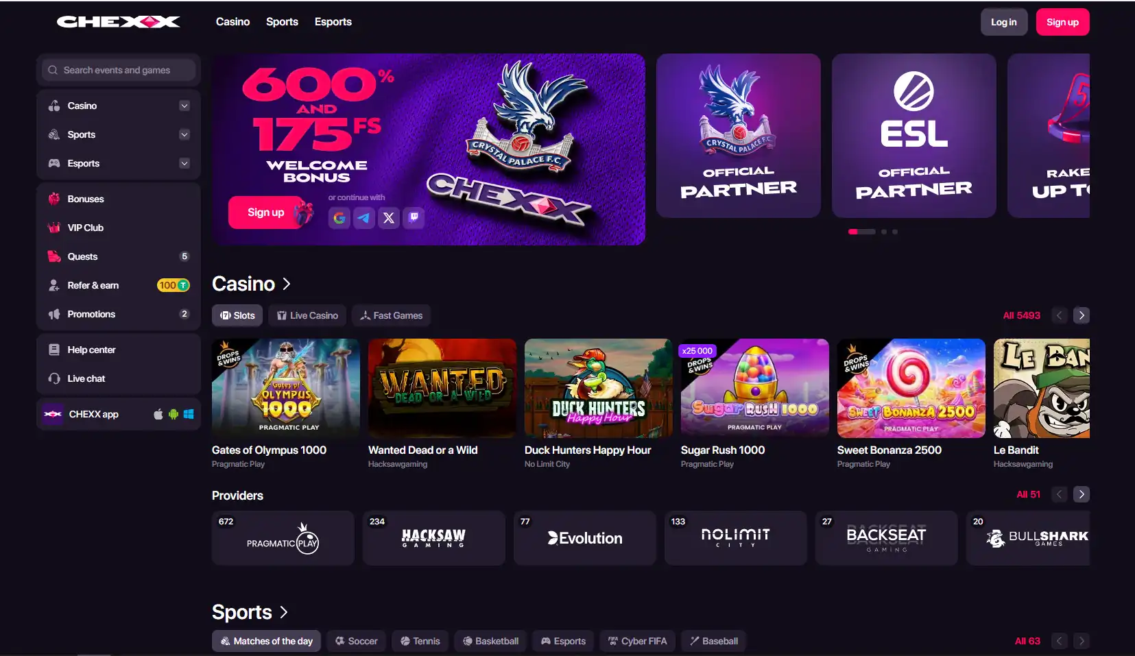 CHEXX homepage interface showing the casino and sportsbook brand