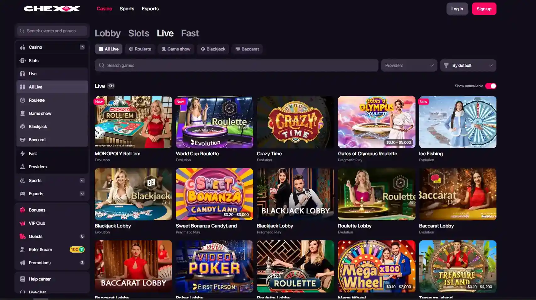 CHEXX casino lobby with visible game categories and provider tiles